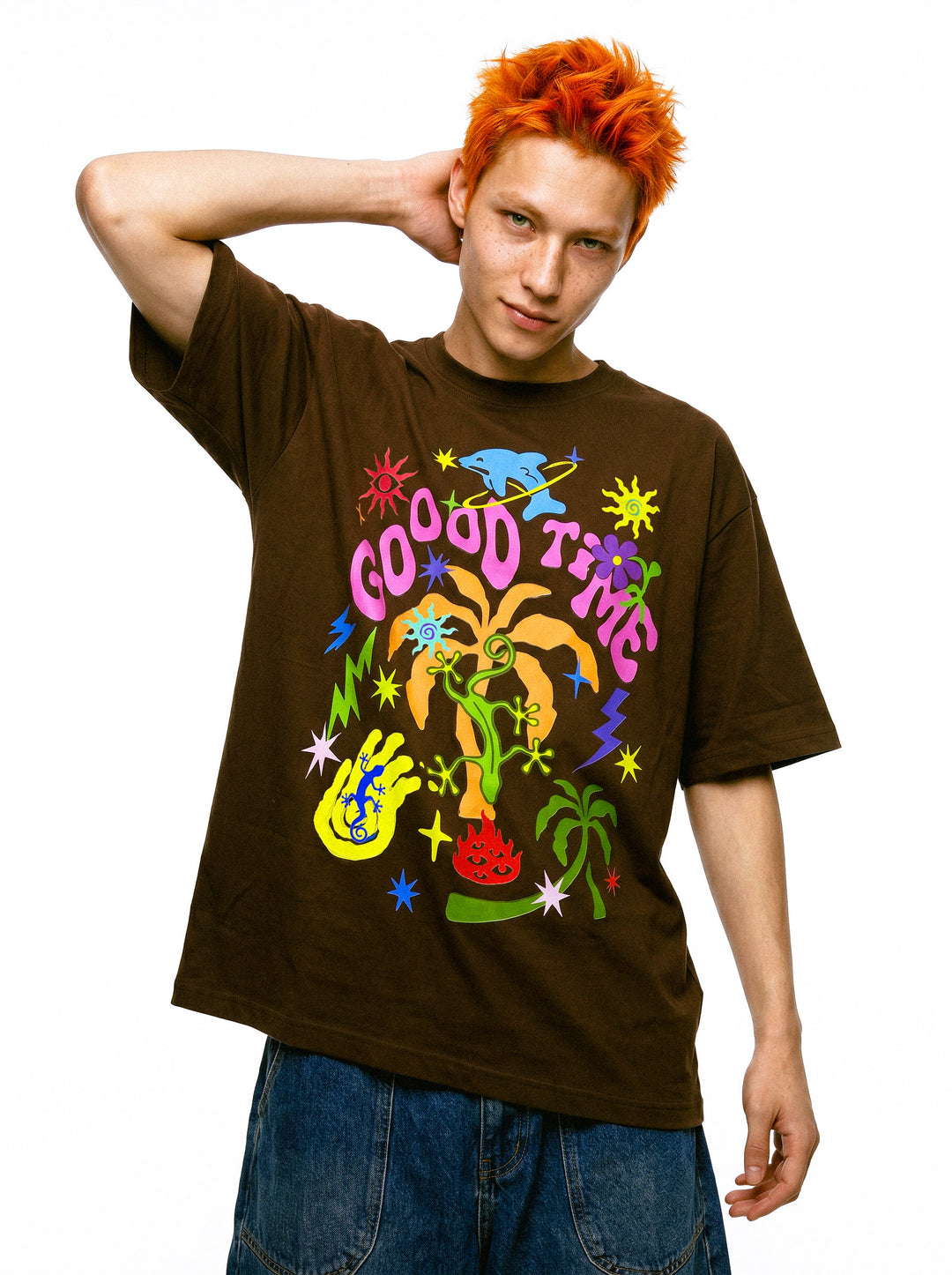 DEADENDKIDS GOOD TIMES oversized graphic tee — front product presentation