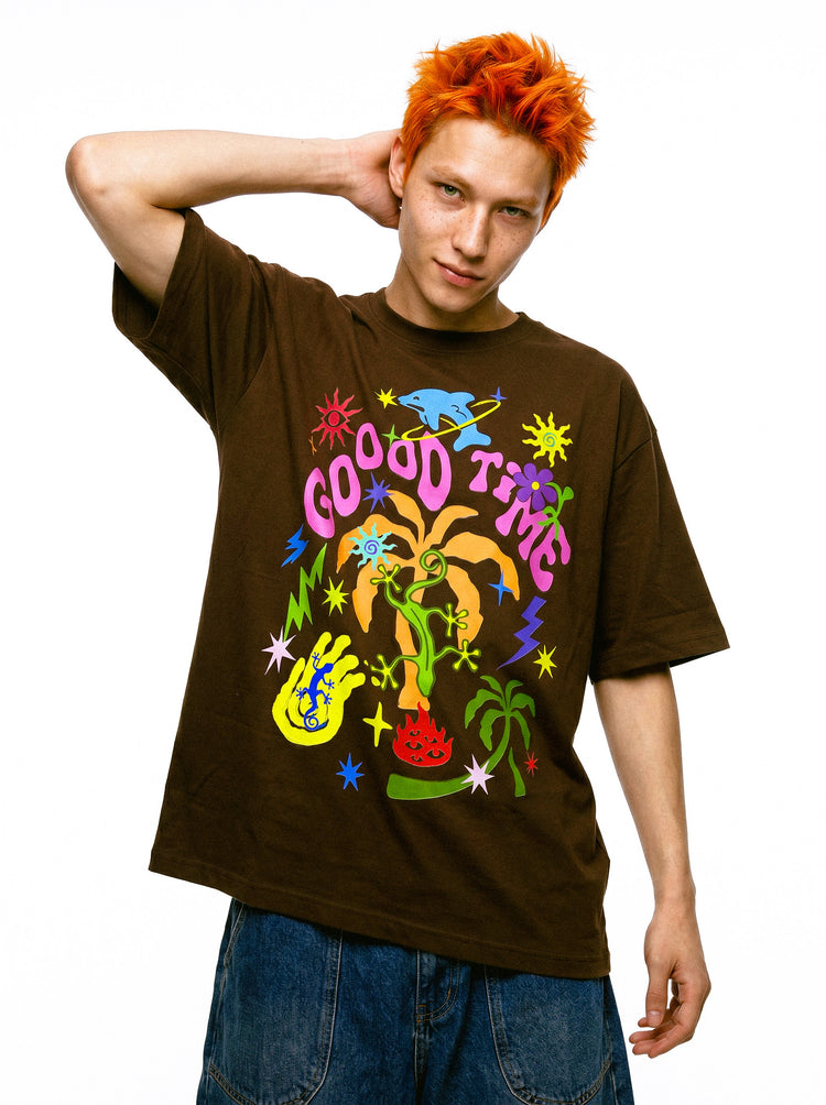 DEADENDKIDS GOOD TIMES oversized graphic tee — front product presentation
