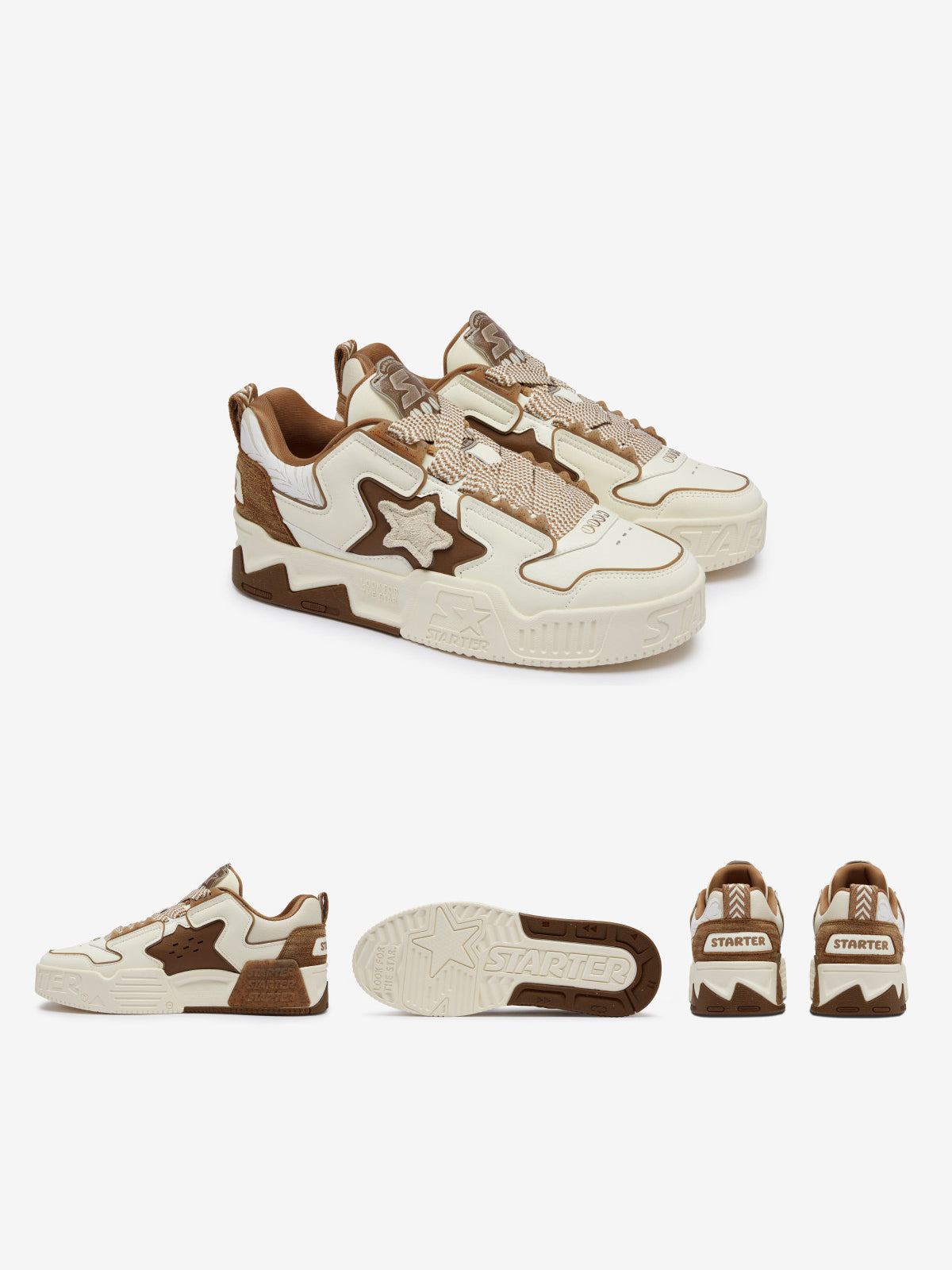 STARTER VOL 90S LATTE clean studio pair and smaller inner-side, outsole and heel views in cream and latte brown