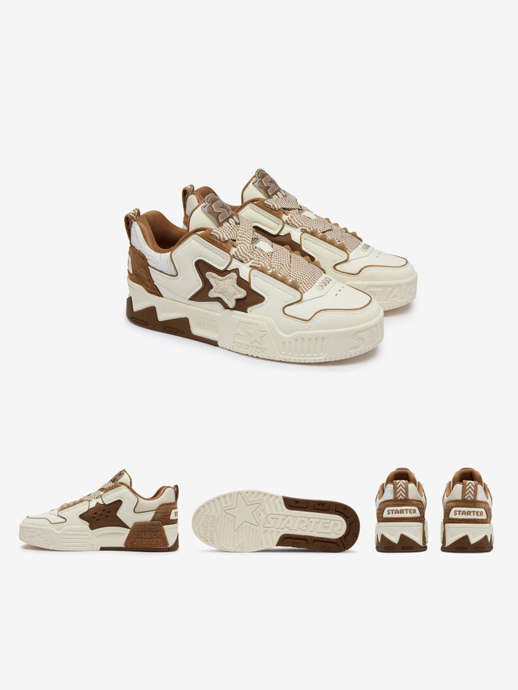 STARTER VOL 90S LATTE clean studio pair and smaller inner-side, outsole and heel views in cream and latte brown