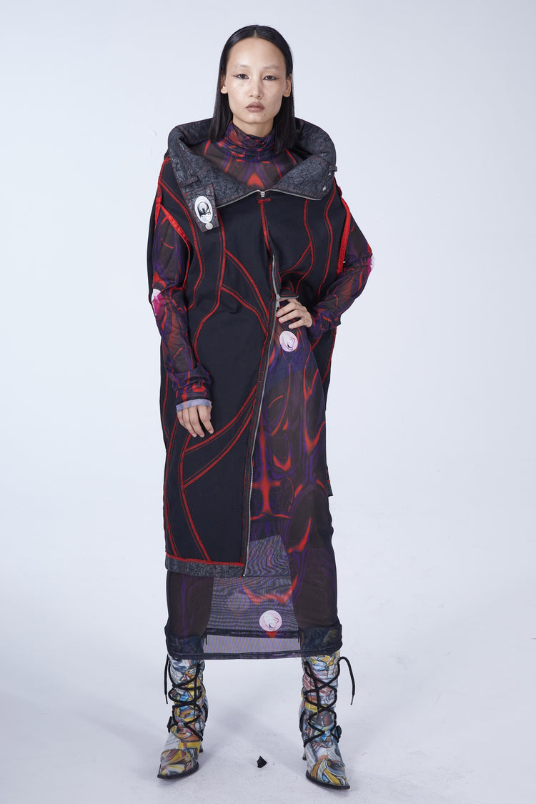 EMBRYO STRUCTURE convertible bustier & wide-leg pants — black reverse long-vest configuration, open front over a printed dress