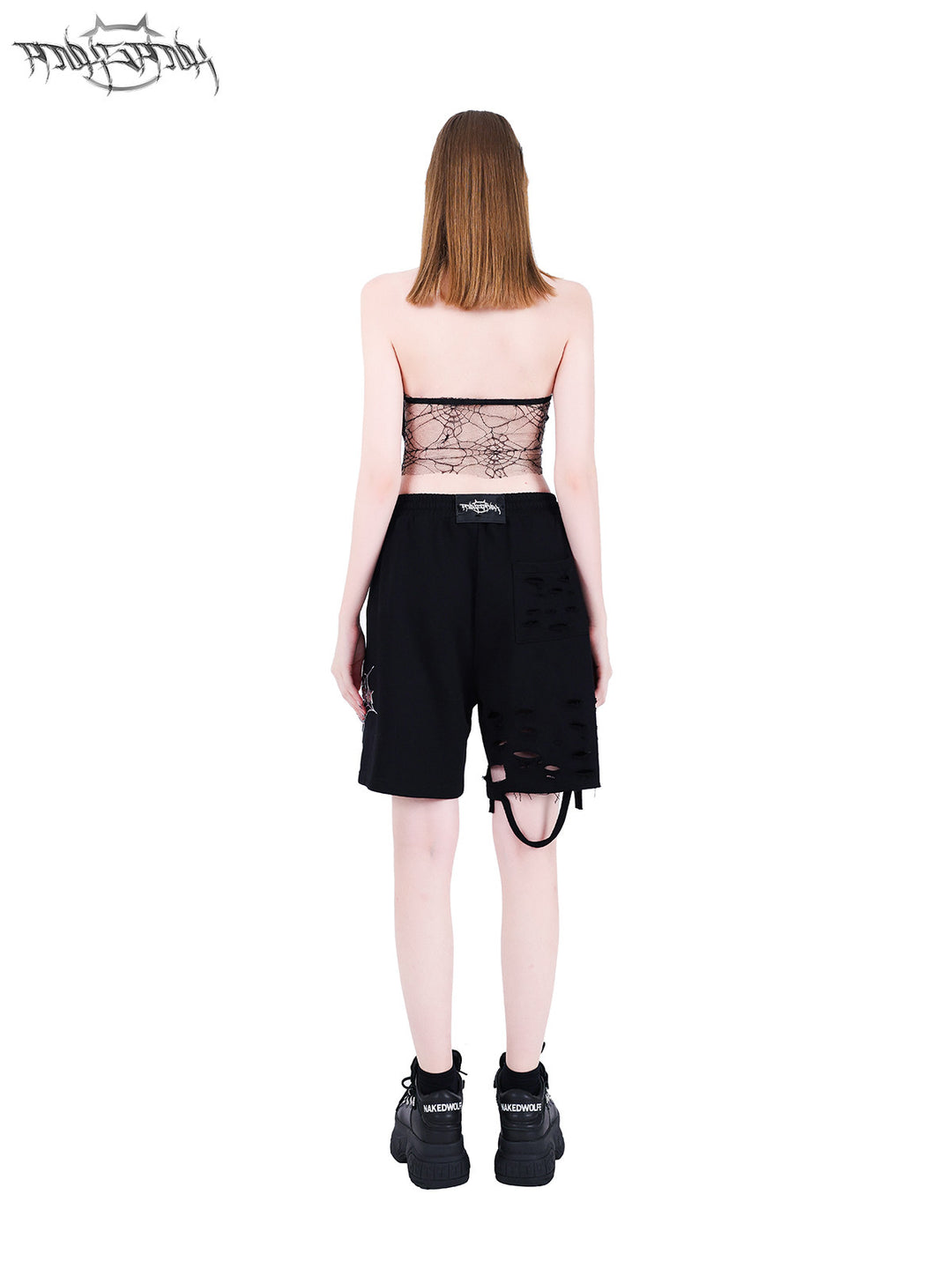 PINKSPINK SPIDER web-mesh halter crop top — back modeled view styled with shorts