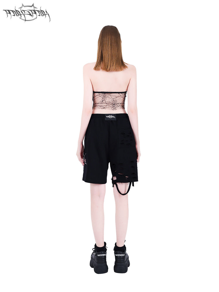PINKSPINK SPIDER web-mesh halter crop top — back modeled view styled with shorts