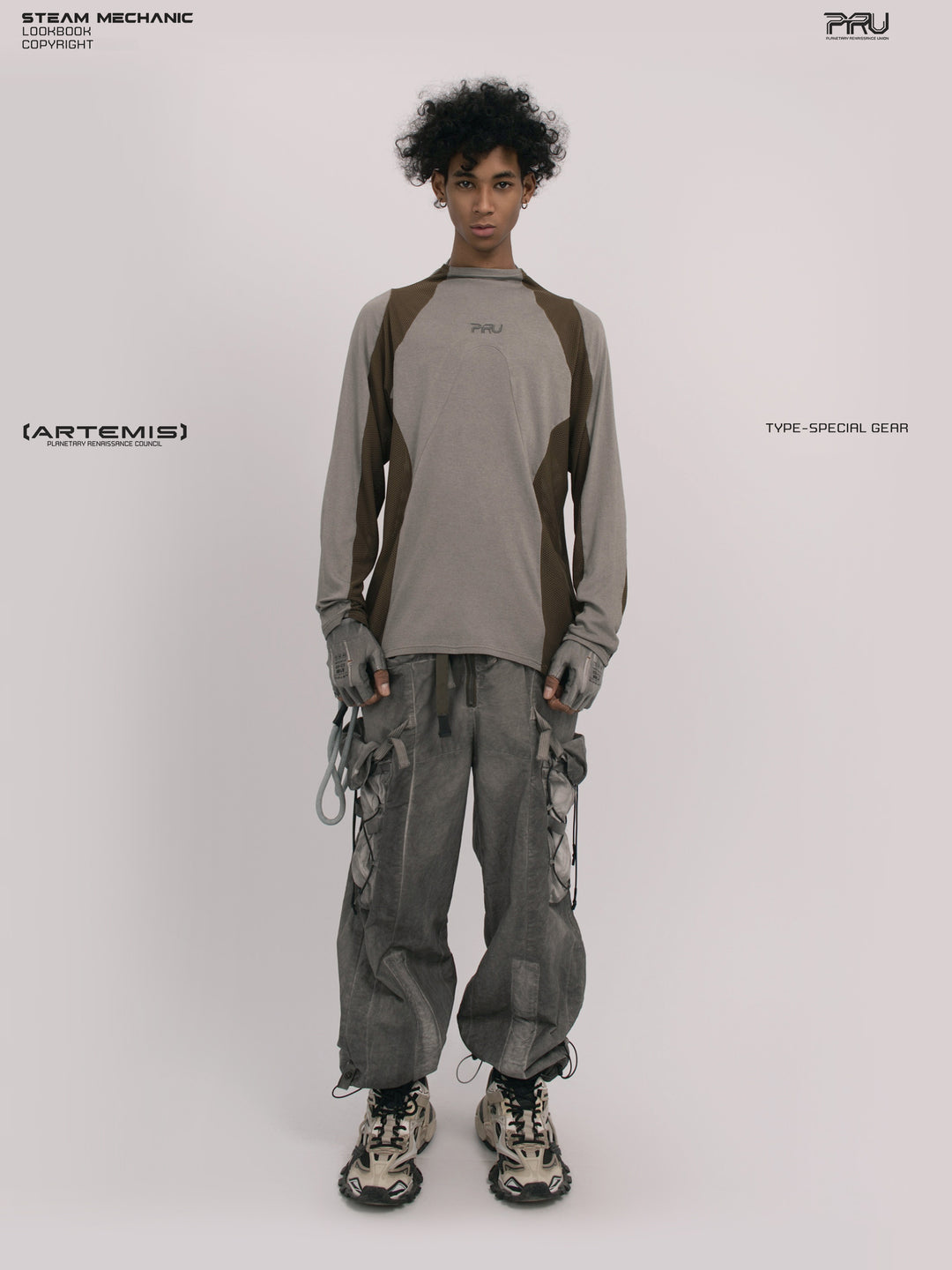 STARCORE ash tundra mesh-panel long-sleeve top b — full-length front modeled view