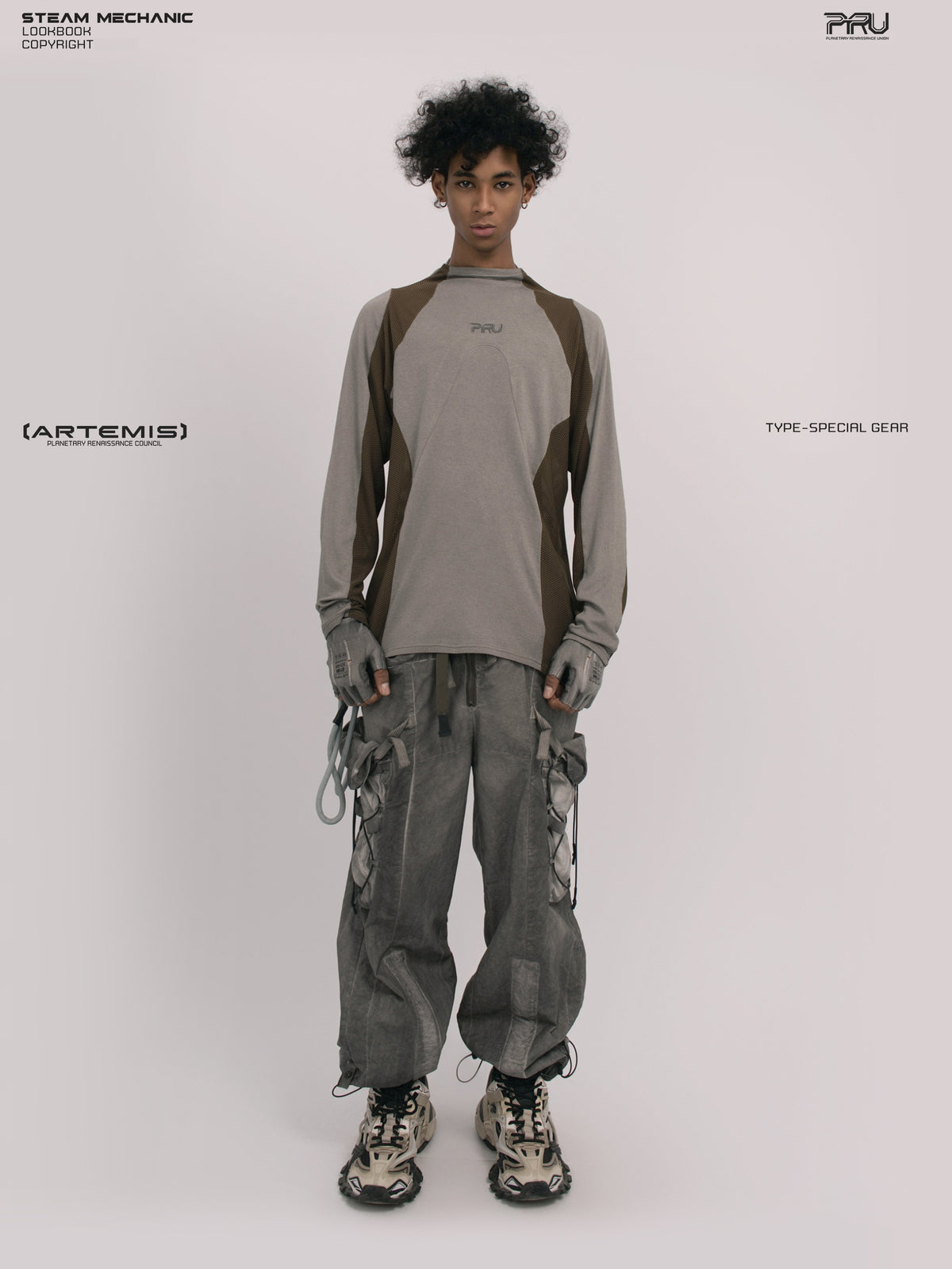 STARCORE ash tundra mesh-panel long-sleeve top b — full-length front modeled view
