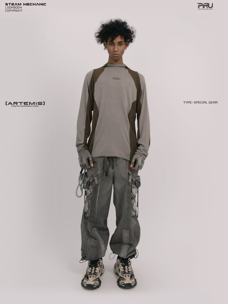 STARCORE ash tundra mesh-panel long-sleeve top b — full-length front modeled view