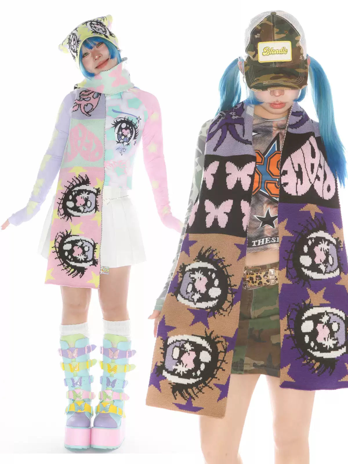 DEADENDKIDS ANIME EYES knit scarf & reversible hat — alternate styled presentation