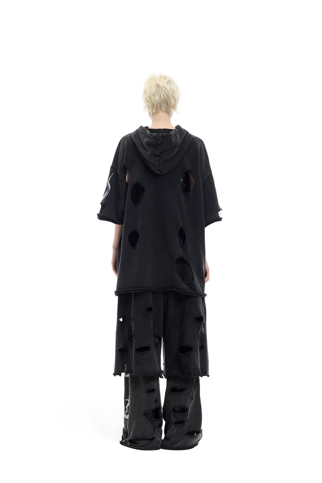 PINKSPINK ELECTRIC MOON distressed embroidered wide-leg shorts — black — back view layered over trousers