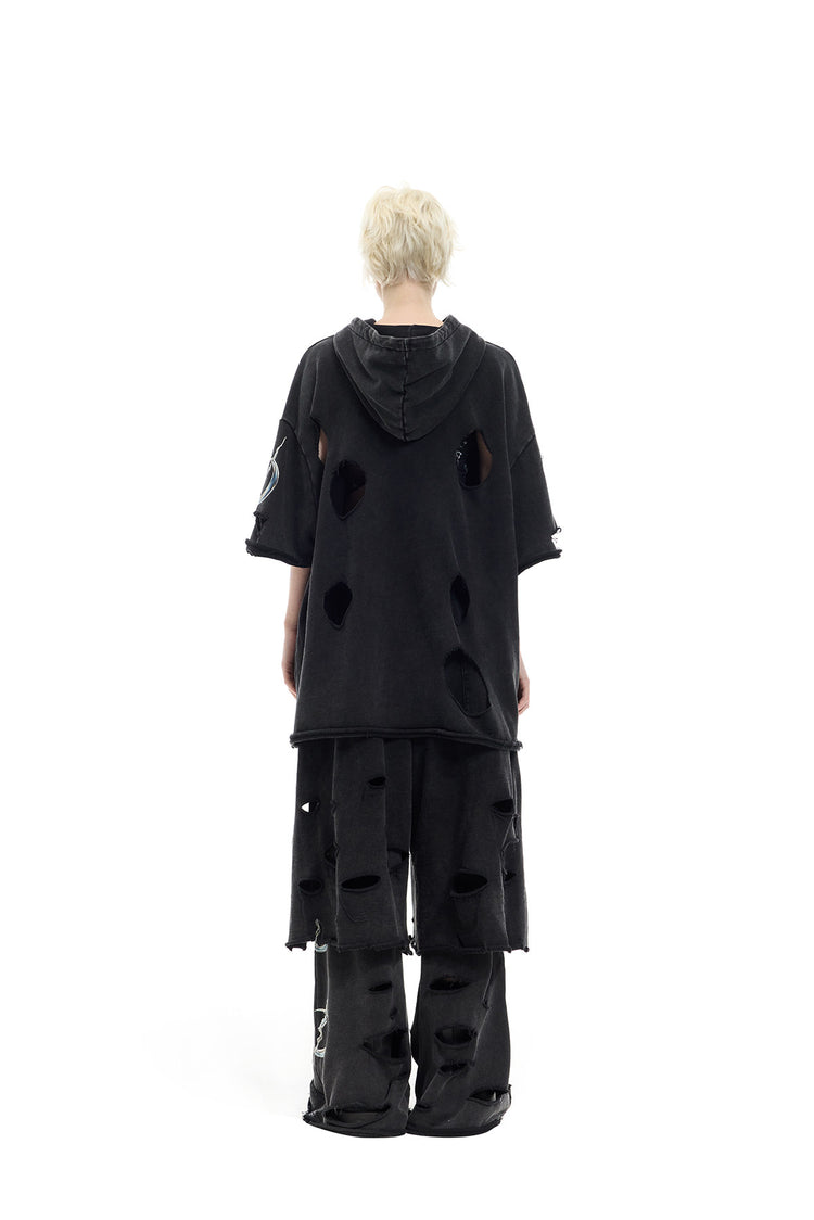 PINKSPINK ELECTRIC MOON distressed embroidered wide-leg shorts — black — back view layered over trousers