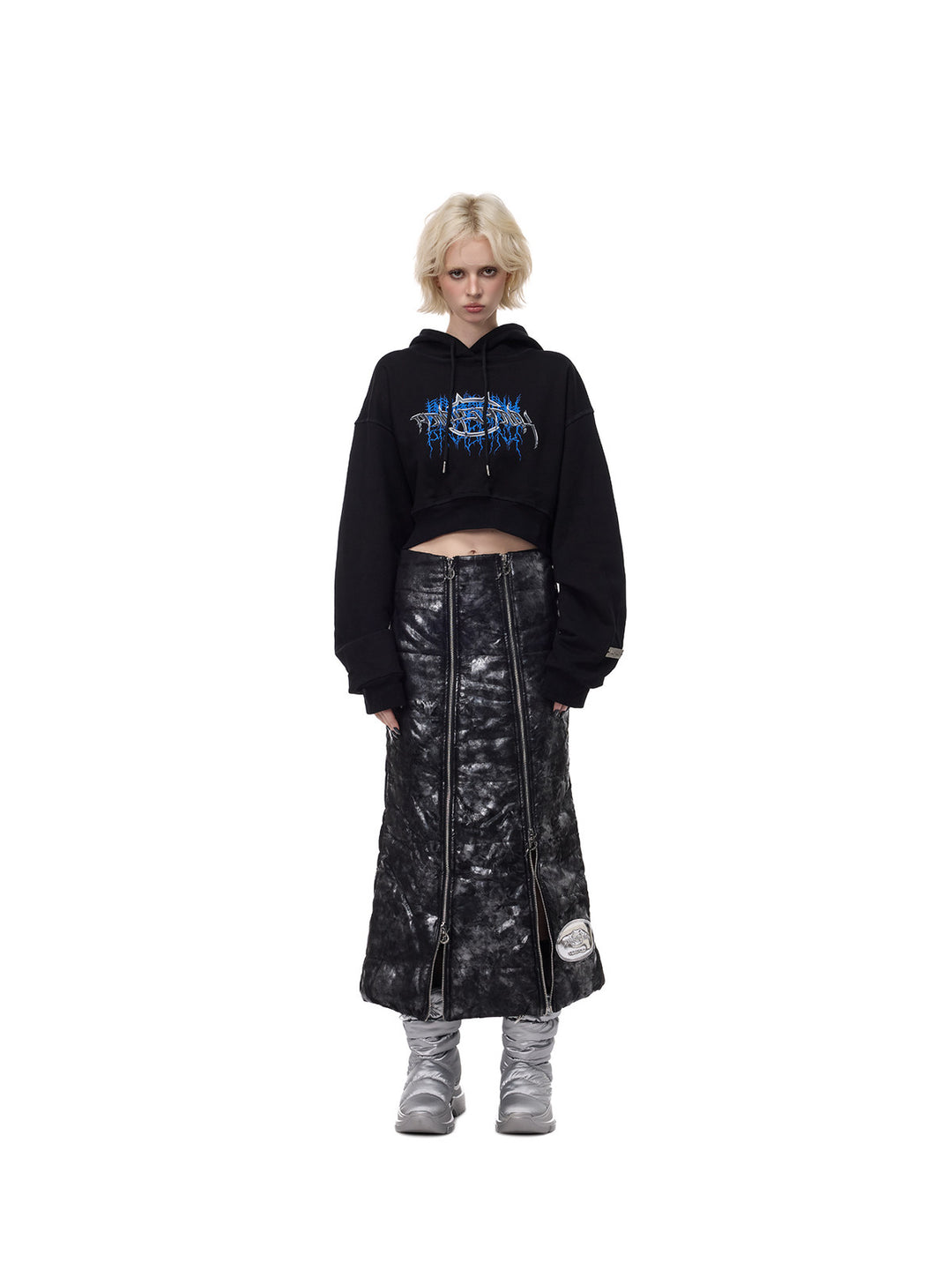 PINKSPINK THORN SIGNAL open-back cropped hoodie — black front full-length styling with metallic skirt