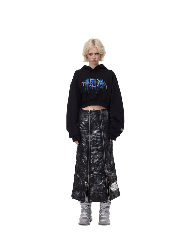 PINKSPINK THORN SIGNAL open-back cropped hoodie — black front full-length styling with metallic skirt