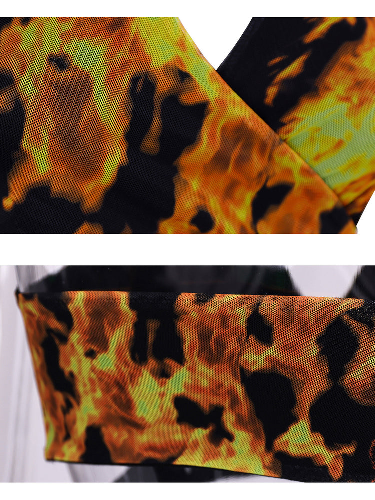 PINKSPINK FLAME halter crop top — flame-print fabric and hem construction close-ups