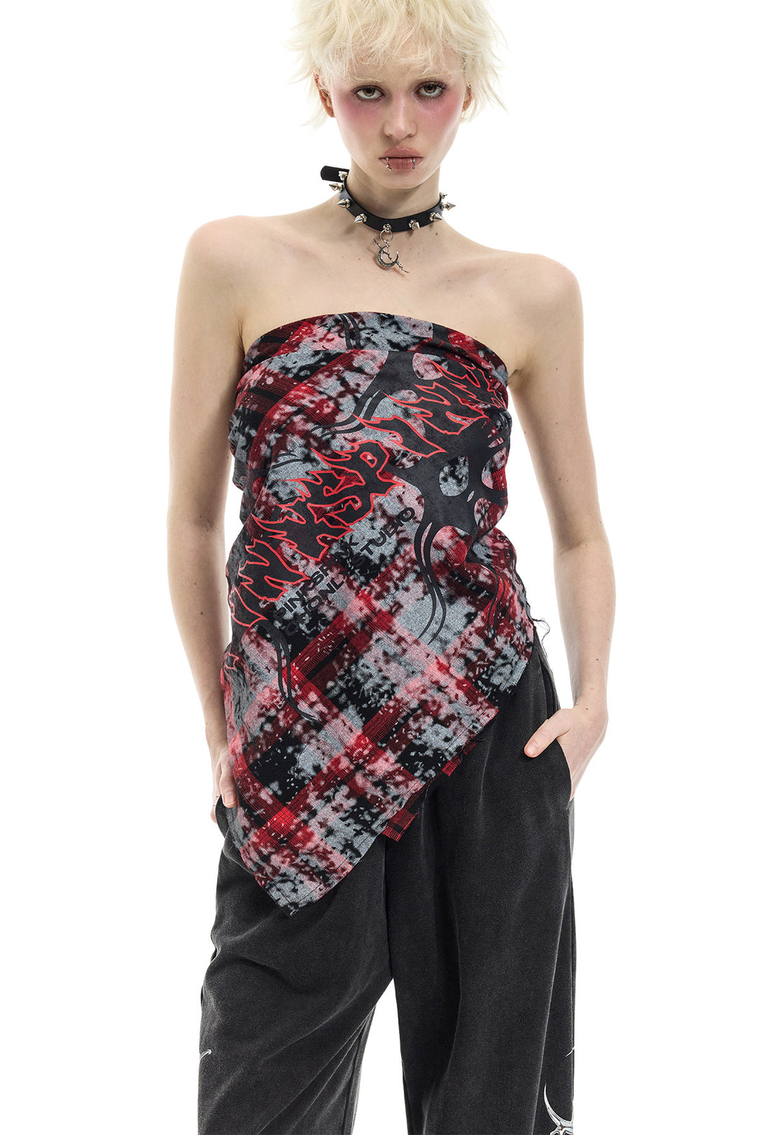 PINKSPINK REMAKE red-plaid bandana top / headscarf — cleaned hero collage showing the complete design