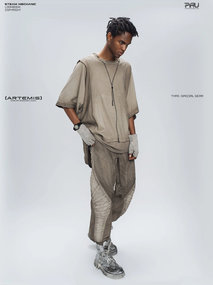 SUPERNOVA mercury brown convertible drawstring technical tee — full-length modeled view in a relaxed stance