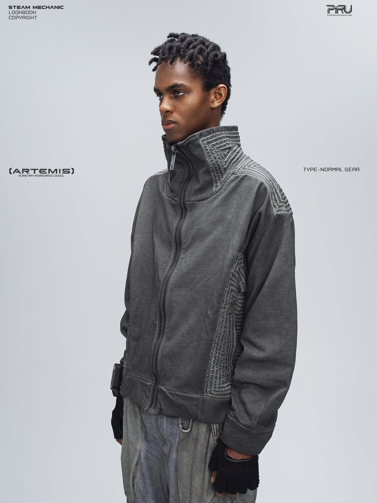 PIONEER moon dust gray distressed protection zip jacket — side modeled view