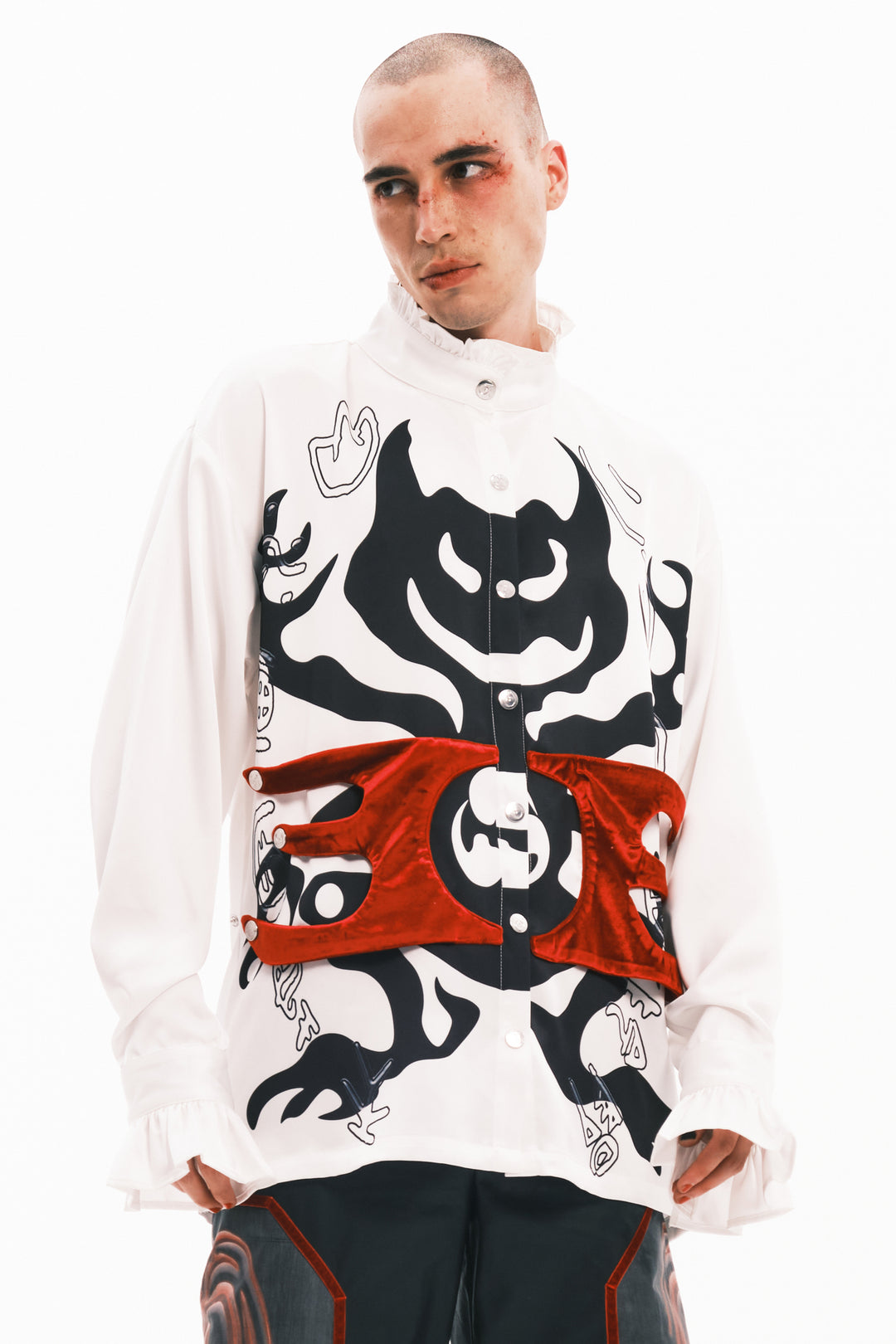 EMBRYO COURT TOTEM velvet-frill mock-neck shirt — rear modeled view