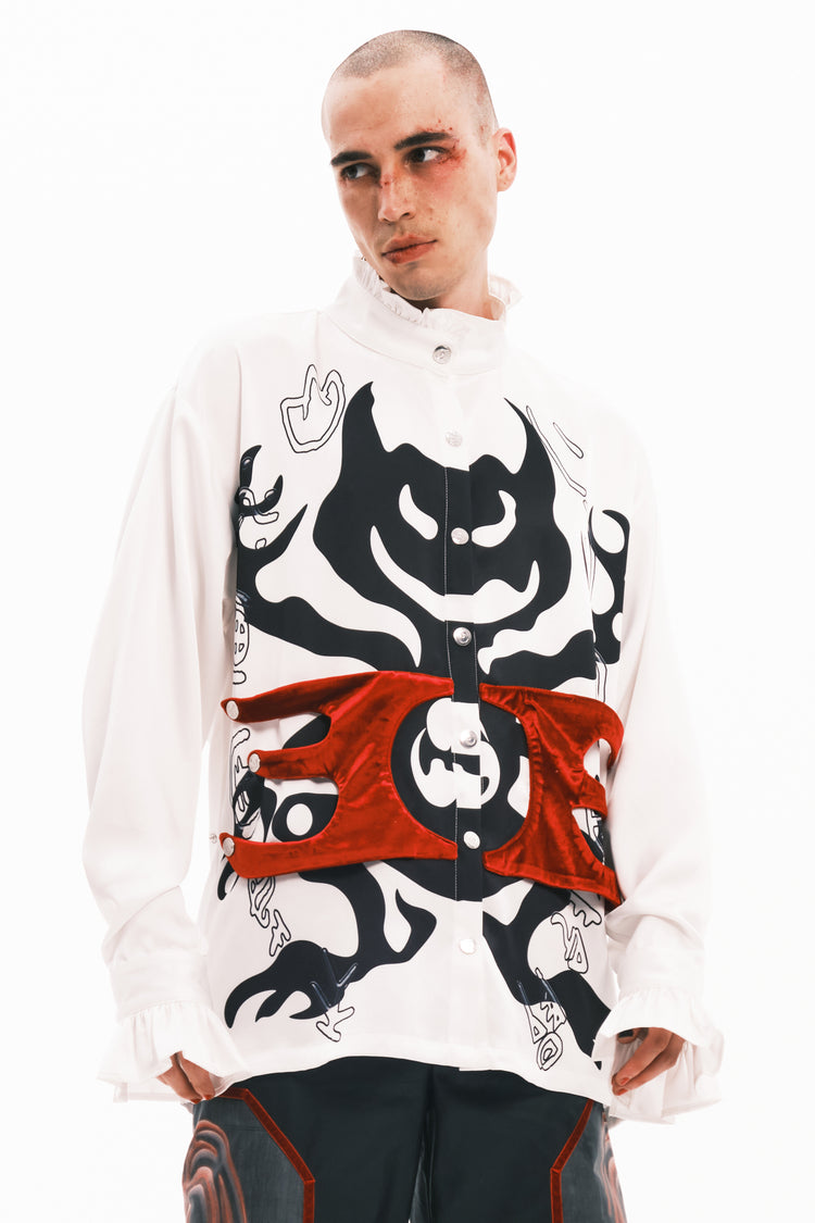 EMBRYO COURT TOTEM velvet-frill mock-neck shirt — rear modeled view