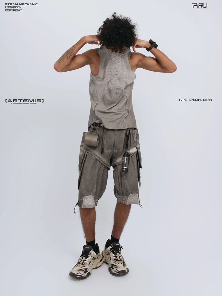 AEGIS lunar sea gray distressed mesh tank — side modeled view