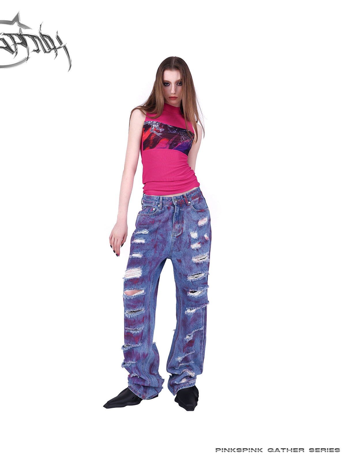 PINKSPINK WASTELAND pink-coated blue jeans — full-length front view styled with a fitted magenta sleeveless top