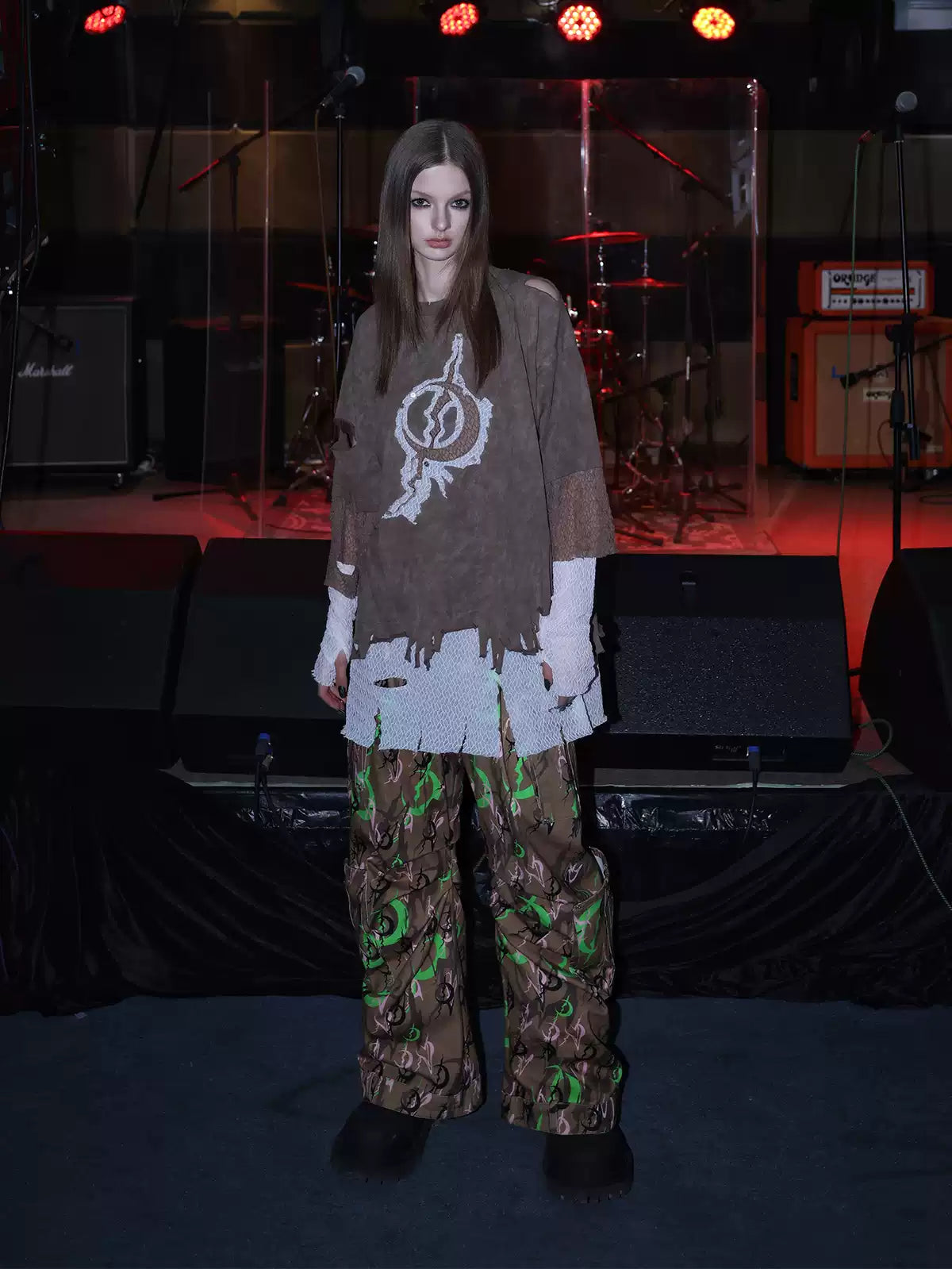 PINKSPINK ELECTRIC MOON sculpted camo cargo trousers in CAMOUFLAGE — full front styled with a layered grey top.
