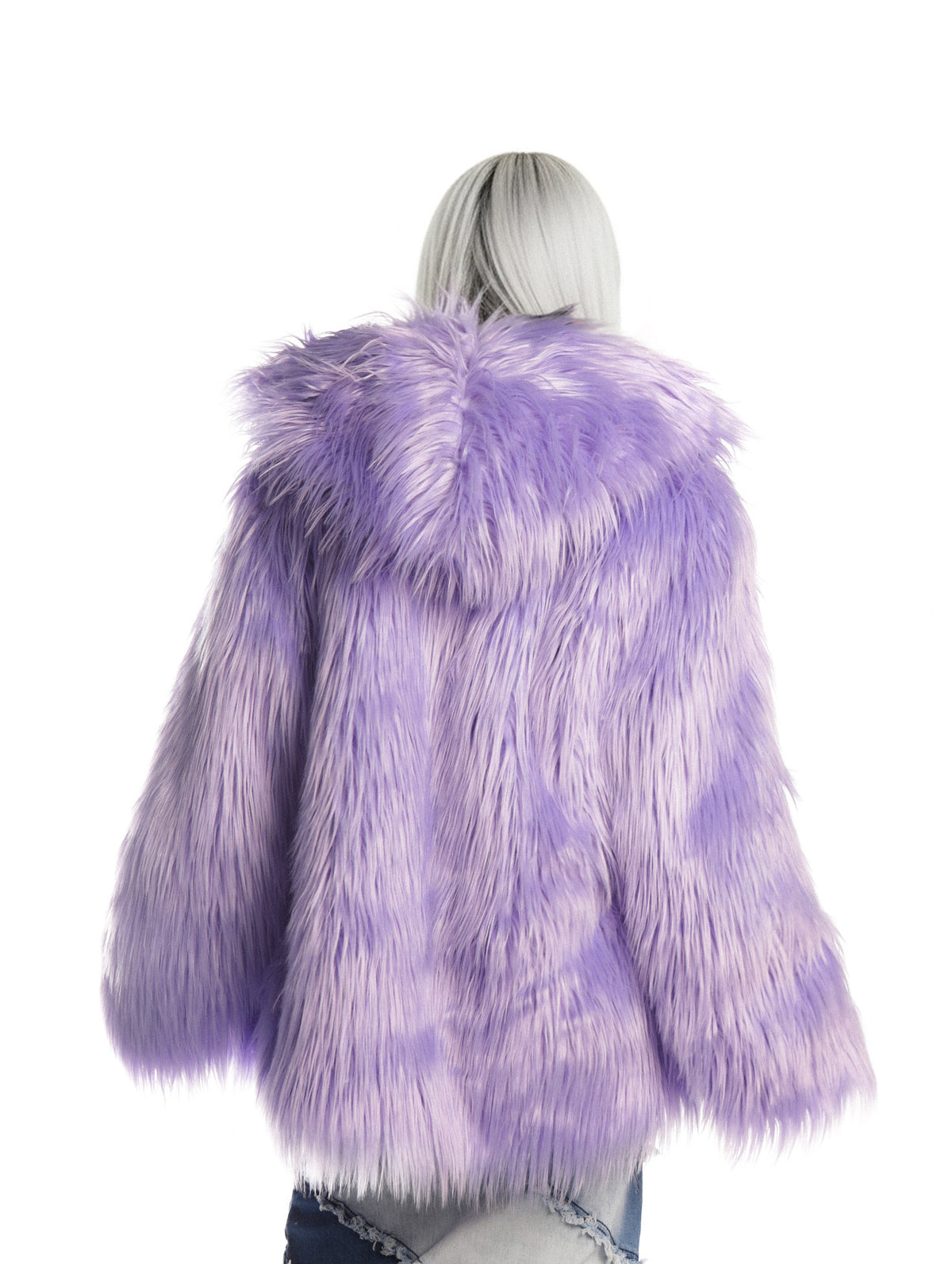 DEADENDKIDS LAVENDER DREAM faux-fur hooded jacket — material and print detail