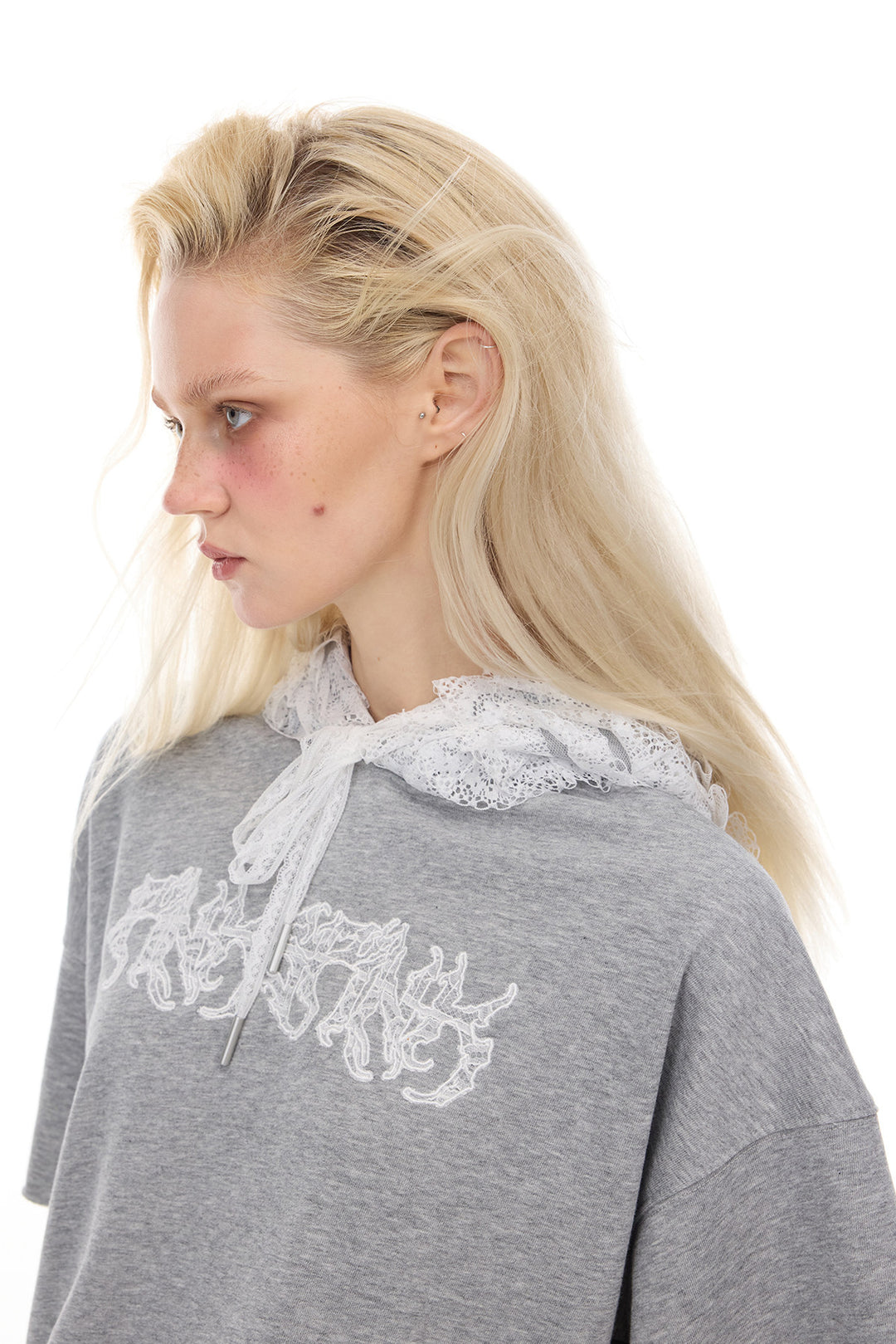 PINKSPINK PUNK BALLET lace-back hooded tee — full-length modeled styling view