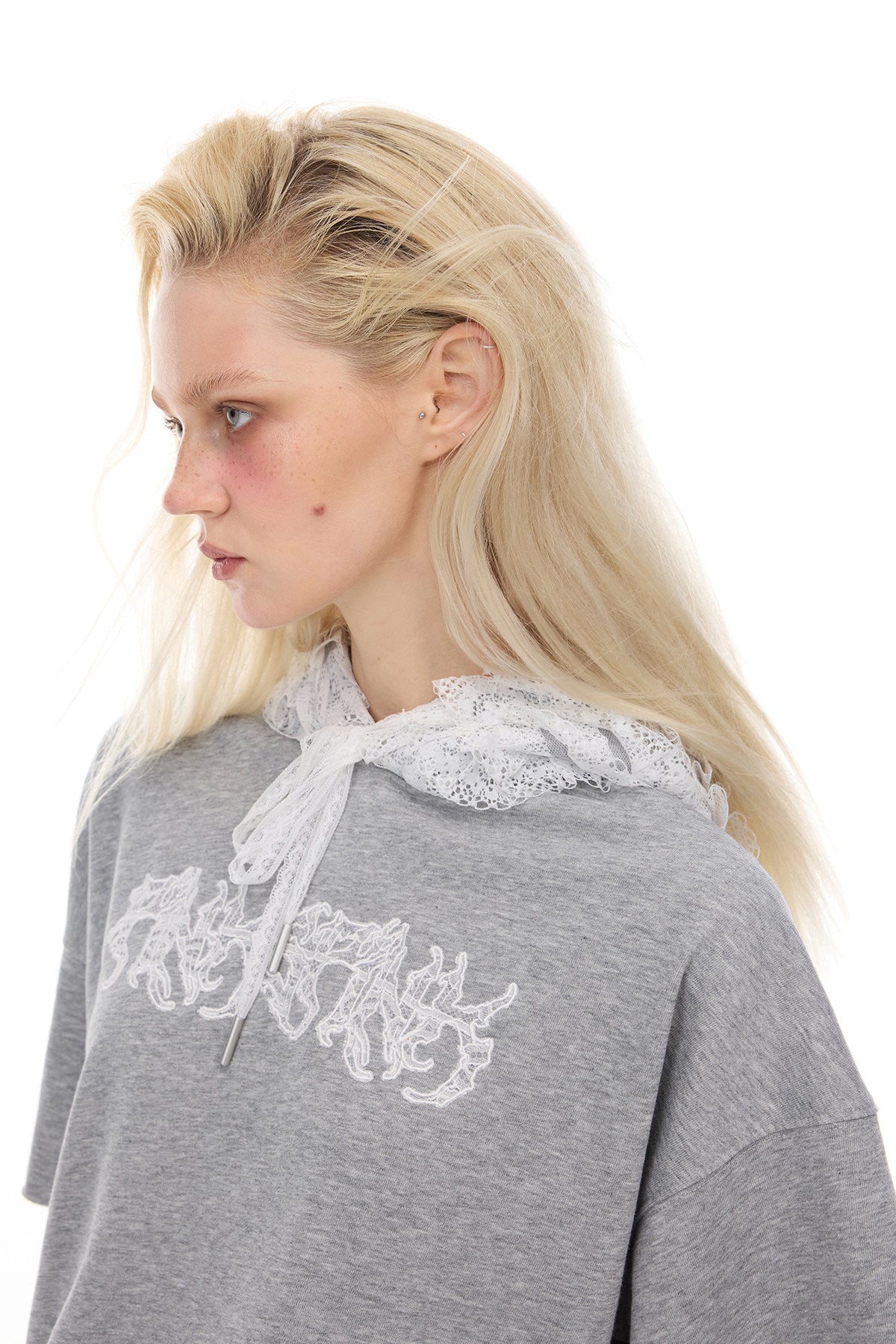 PINKSPINK PUNK BALLET lace-back hooded tee — full-length modeled styling view