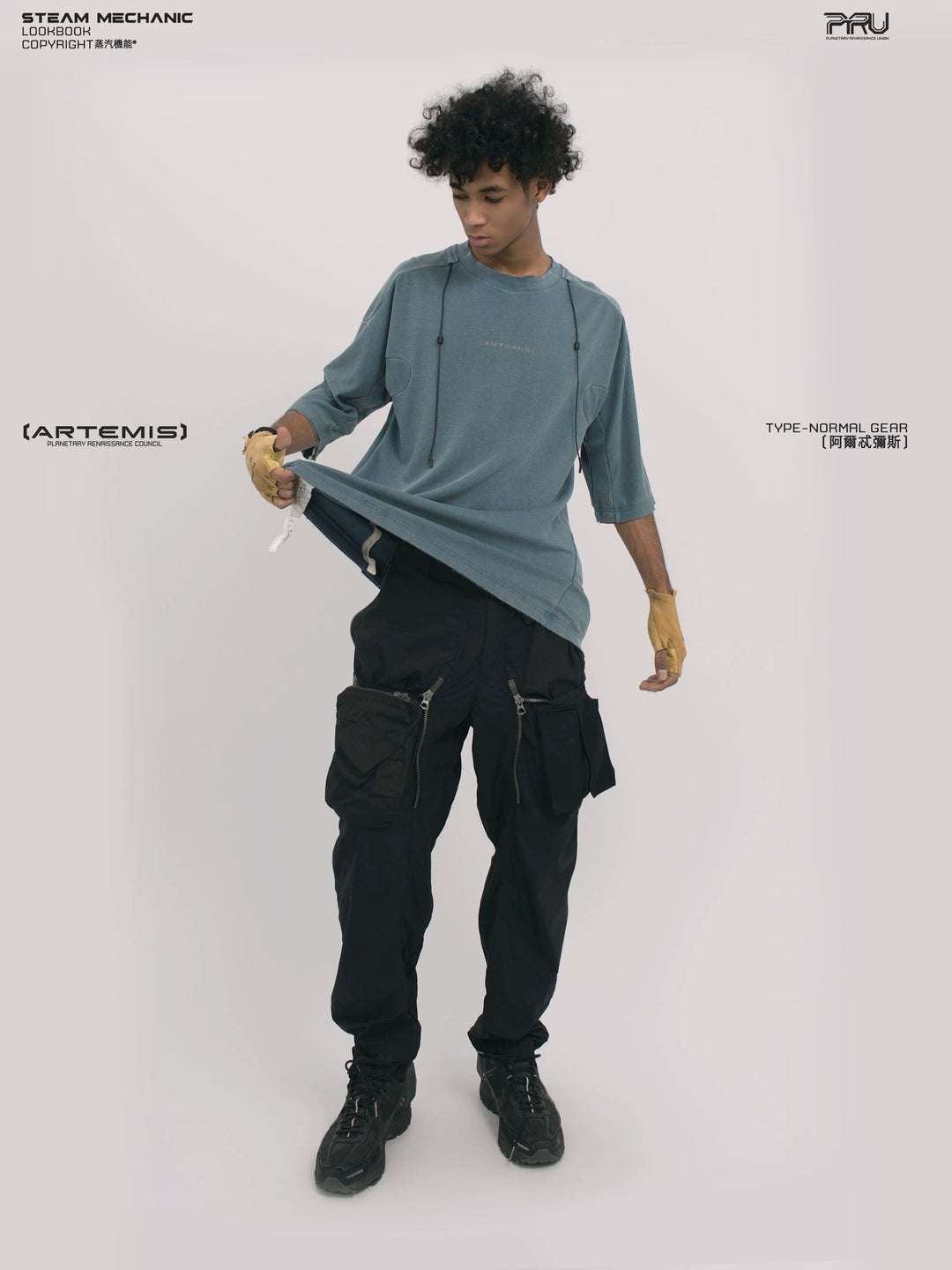 LIGHTSHADOW mycelium blue deconstructed technical tee — side modeled view