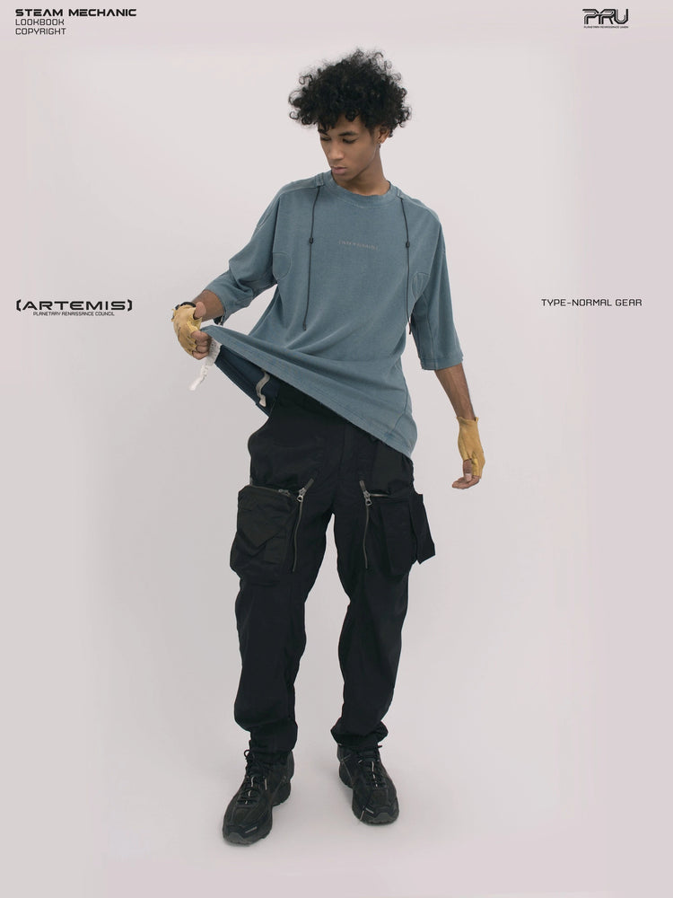 LIGHTSHADOW mycelium blue deconstructed technical tee — full-length front view extending the fabric