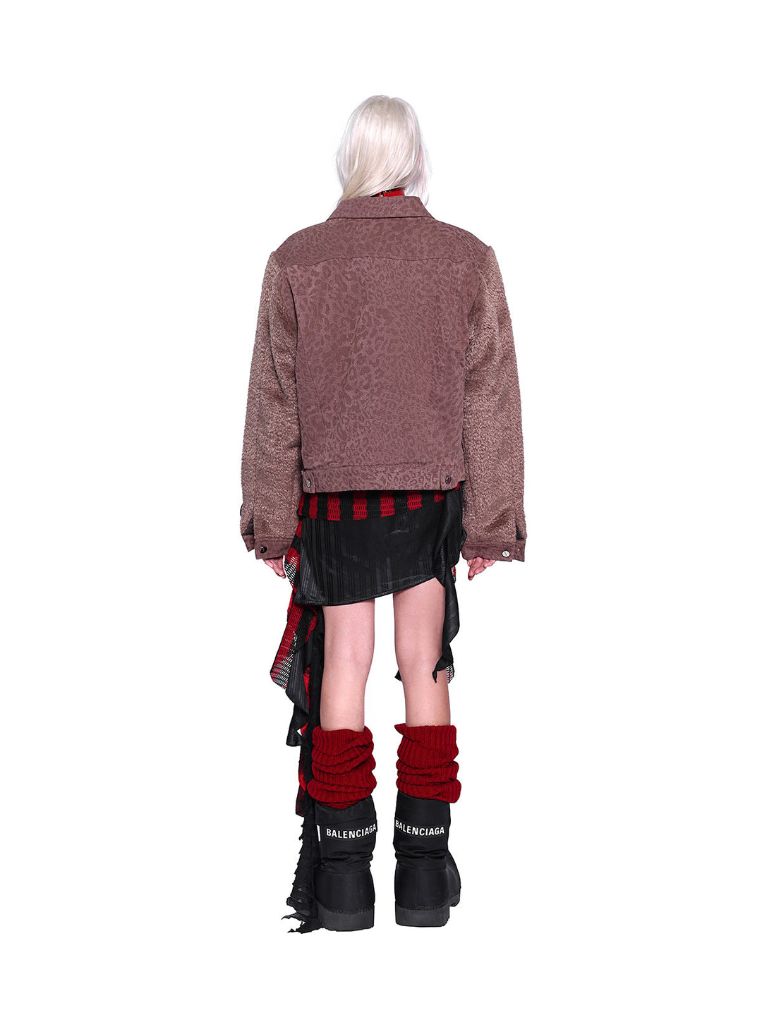 PINKSPINK ELECTRIC MOON layered striped mesh mini skirt — black and red — full-length back view with a brown jacket