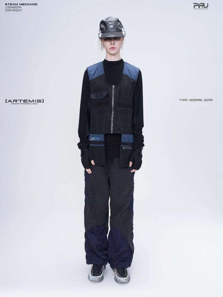 SUPERNOVA zima blue metallic nylon technical pants — full-length front modeled view