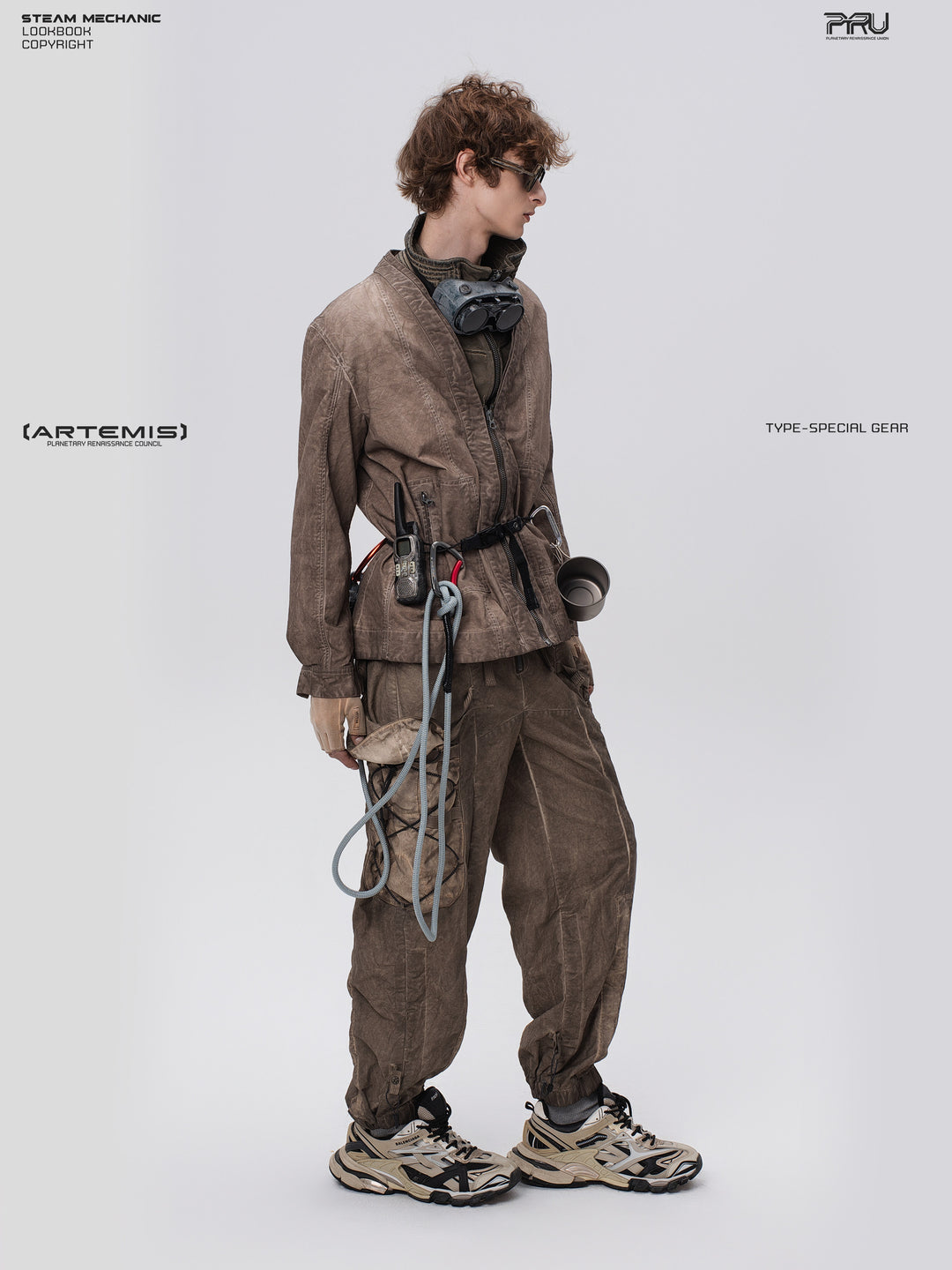 PIONEER gravel brown detachable-waist-bag work pants — full-length side-front view with hanging utility straps
