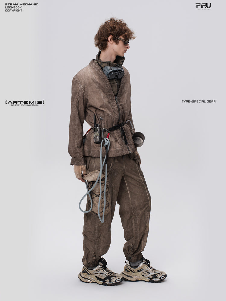 PIONEER gravel brown detachable-waist-bag work pants — full-length side-front view with hanging utility straps