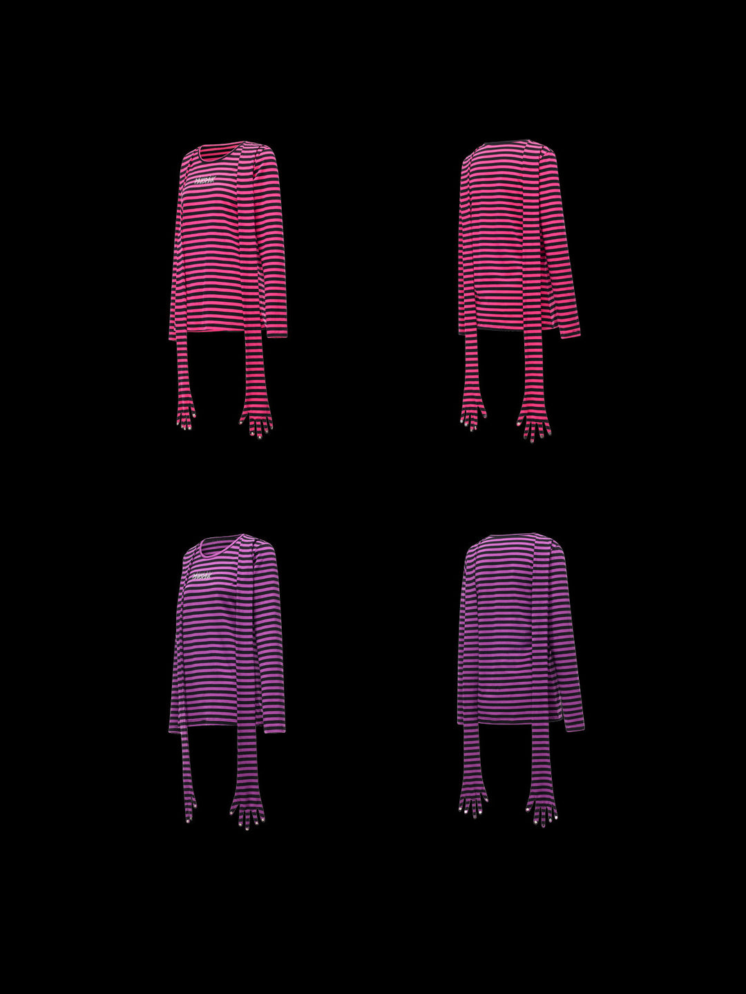 PINKSPINK GHOSTHAND striped glove-sleeve tee in pink and black / purple and black — garment-only front and back comparisons on a clean black background