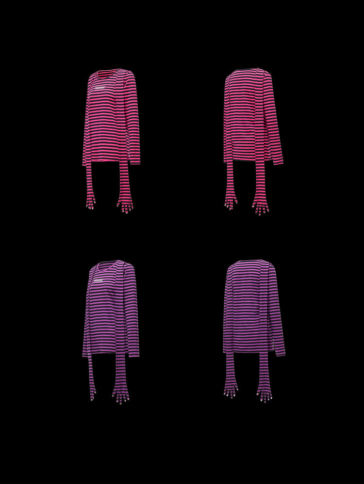 PINKSPINK GHOSTHAND striped glove-sleeve tee in pink and black / purple and black — garment-only front and back comparisons on a clean black background