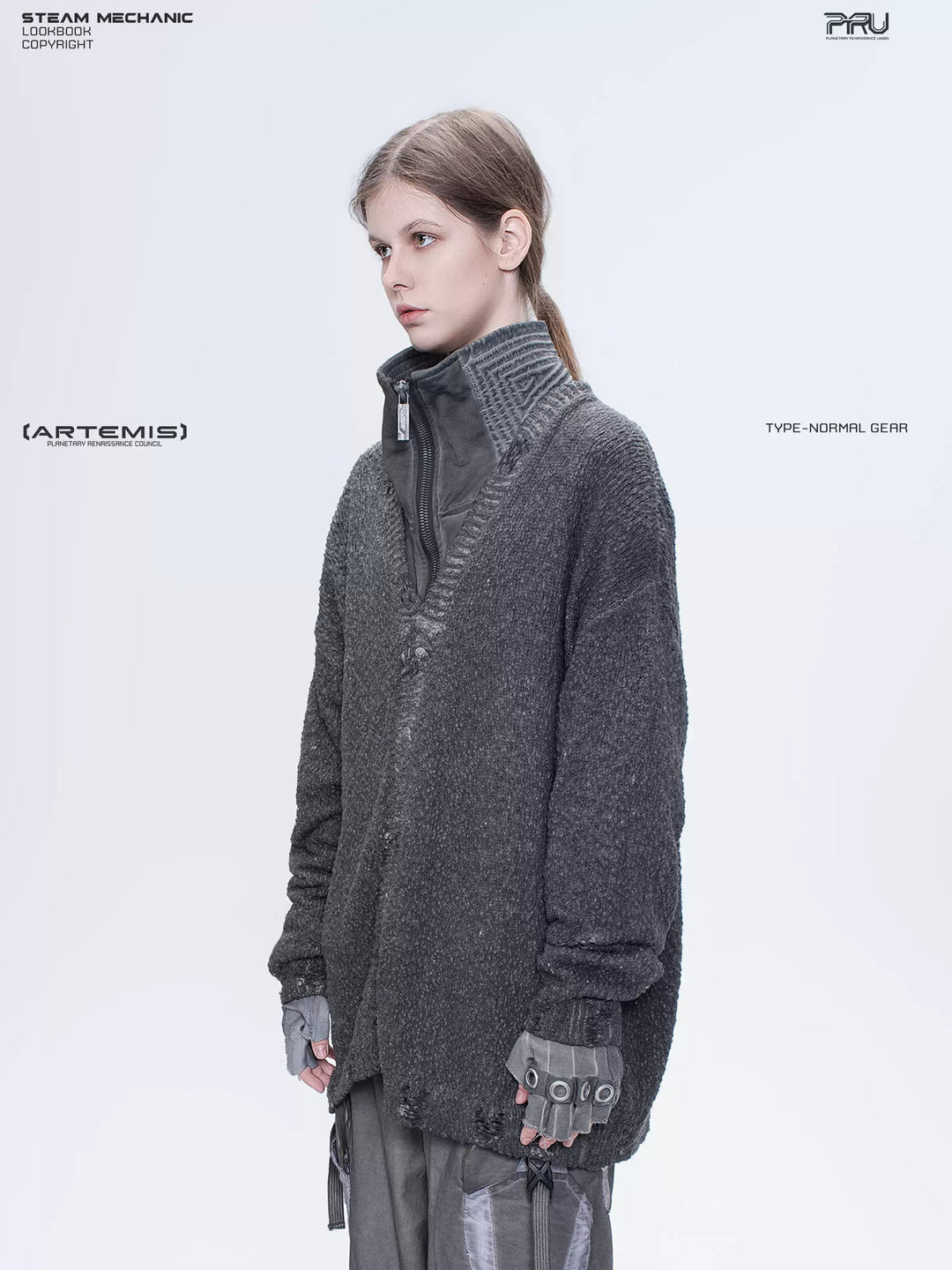 PIONEER moon dust gray moon-protection distressed sweater — three-quarter close-up showing the relaxed sleeve