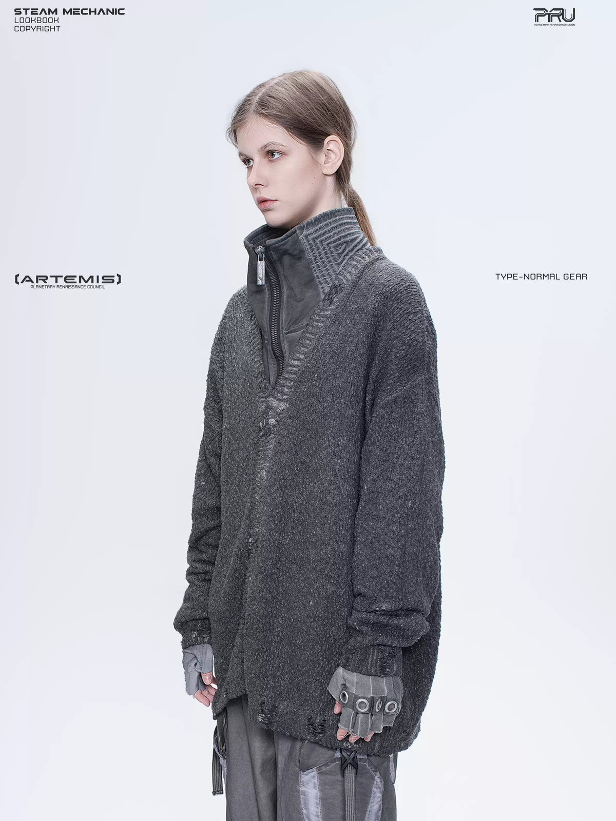 PIONEER moon dust gray moon-protection distressed sweater — three-quarter close-up showing the relaxed sleeve