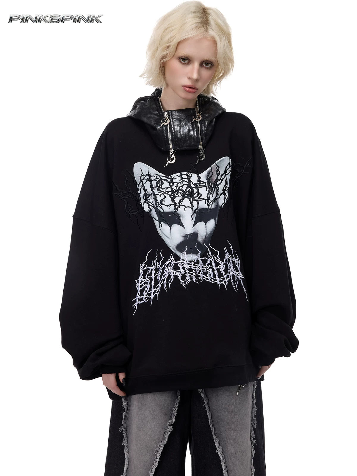 PINKSPINK CAT ALIEN embroidered oversized sweatshirt — front modeled view styled with separate hood accessory