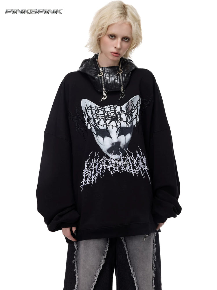 PINKSPINK CAT ALIEN embroidered oversized sweatshirt — front modeled view styled with separate hood accessory