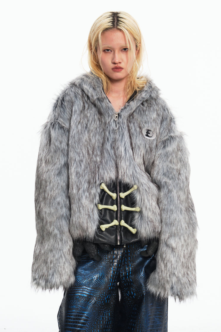 EMBRYO ANIMAL SHELL hooded faux-fur jacket — full-length modeled view