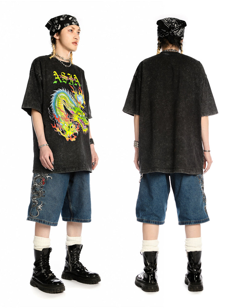 DEADENDKIDS ASIA DRAGON washed graphic tee — rear modeled view