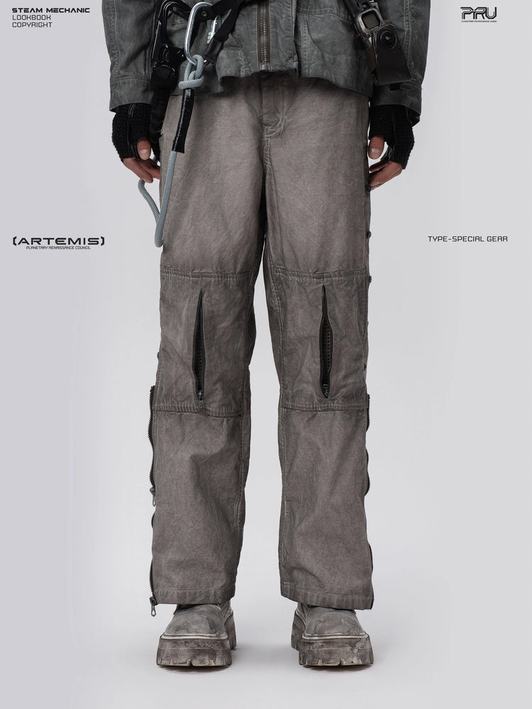 PIONEER meteor gray knee-mesh utility work pants — front modeled close view showing the knee zips
