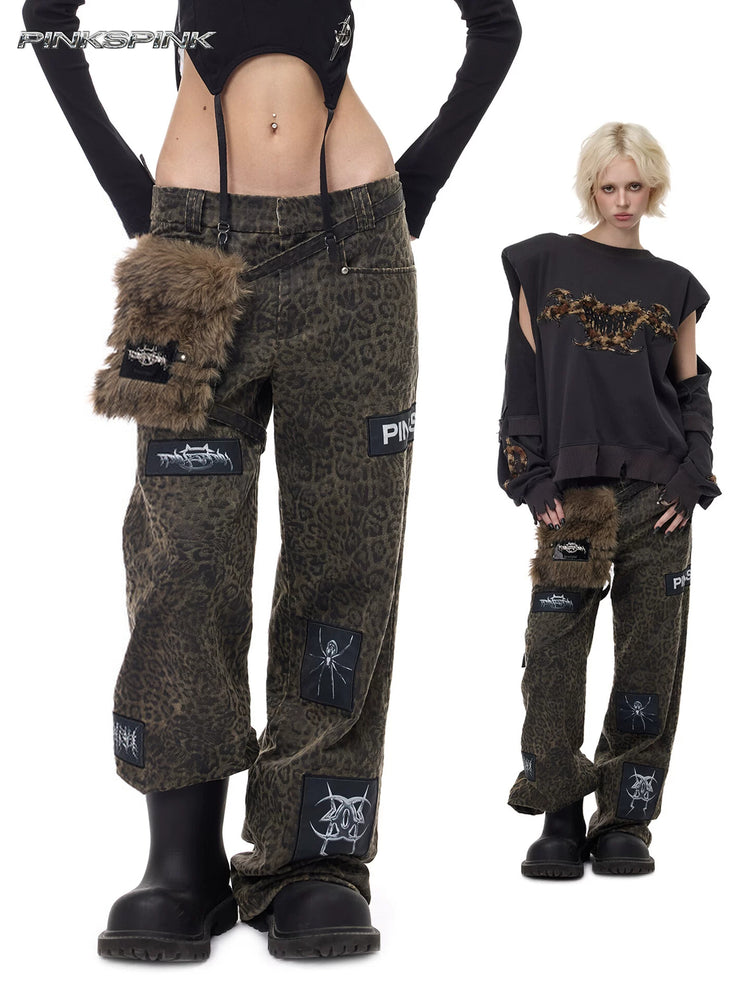 PINKSPINK LEOPARD RIOT detachable-pouch wide-leg pants — brown leopard modeled collage showing patchwork and faux-fur pouch