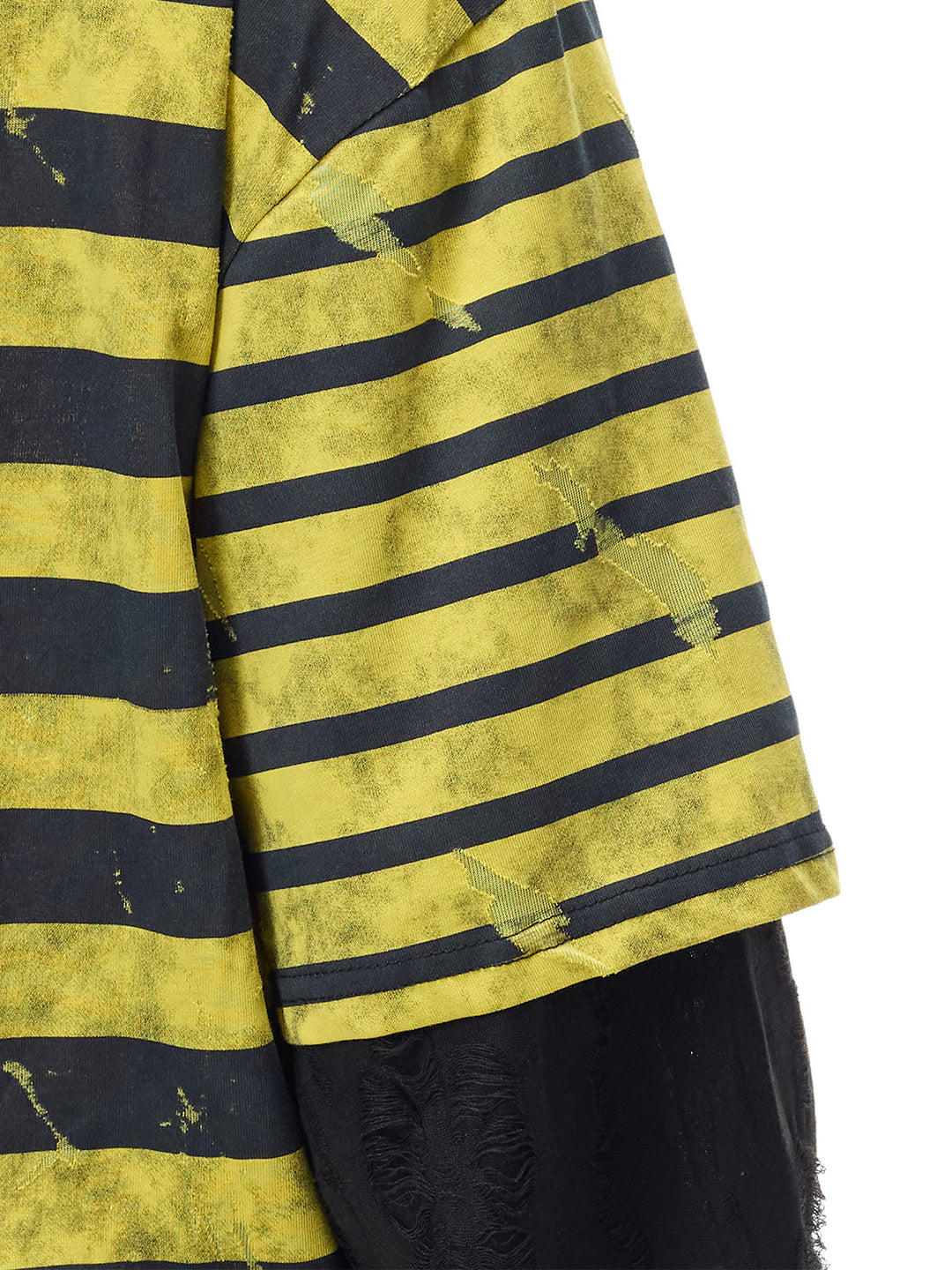 PINKSPINK STATIC asymmetric striped burnout long-sleeve tee in black and yellow — close-up of the burnout striped sleeve and contrasting black sleeve extension