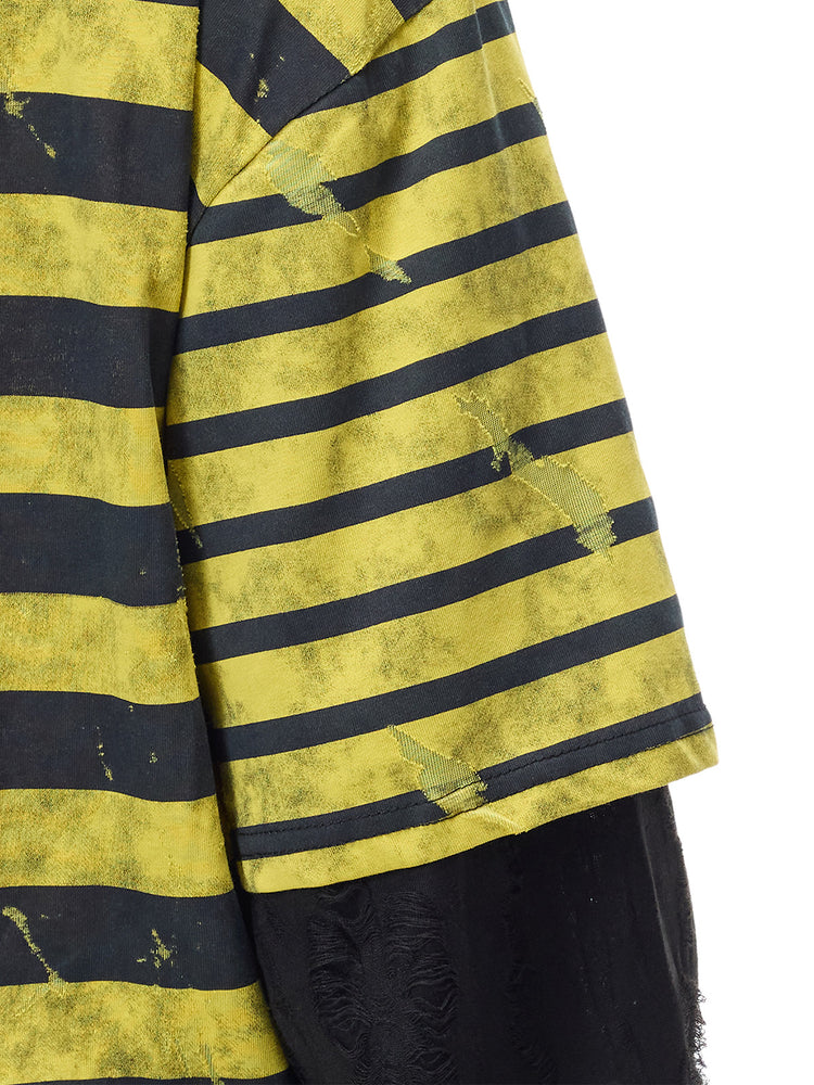 PINKSPINK STATIC asymmetric striped burnout long-sleeve tee in black and yellow — close-up of the burnout striped sleeve and contrasting black sleeve extension