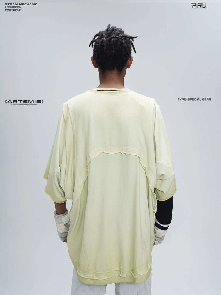 SUPERNOVA nebula green convertible drawstring technical tee — rear modeled view showing the curved back panel