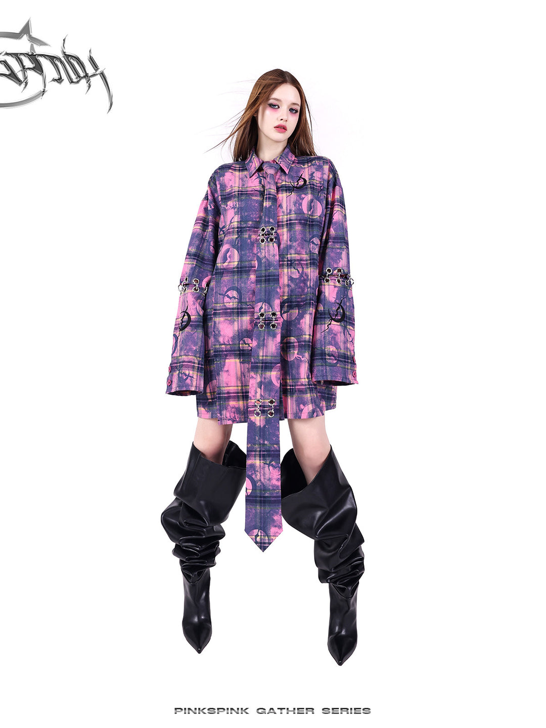 PINKSPINK ELECTRIC MOON wasteland plaid extra-long tie — alternate modeled view showing the silhouette