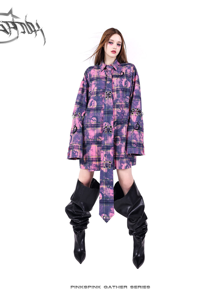 PINKSPINK ELECTRIC MOON wasteland plaid extra-long tie — alternate modeled view showing the silhouette