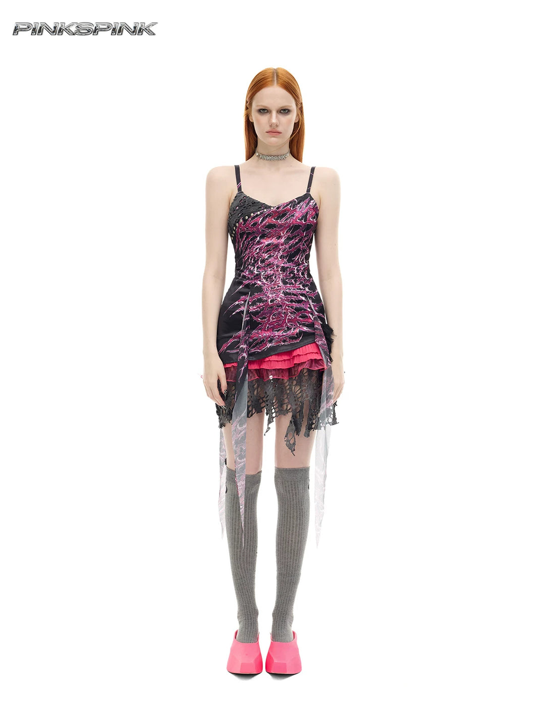 PINKSPINK NEON RIFT asymmetrical lace-trim mini dress — front full-length view with trailing lace panels