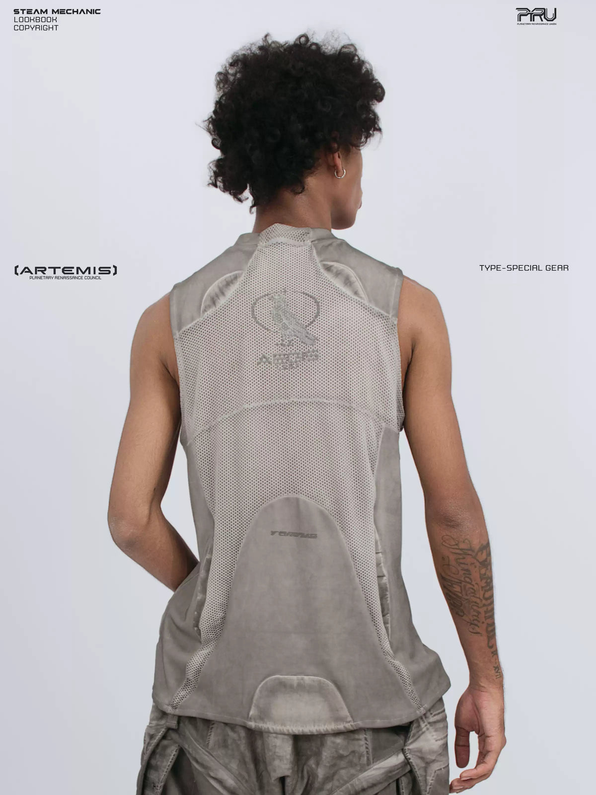 AEGIS lunar sea gray distressed mesh tank — rear three-quarter modeled view showing mesh panels